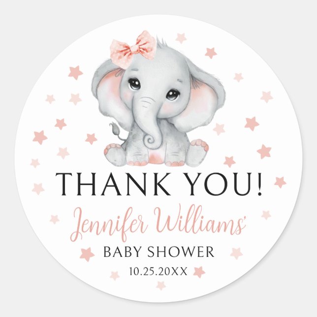 Sticker Rond Étoiles Eléphant Rose Cute Bébé Girl Douche Sticke (Devant)