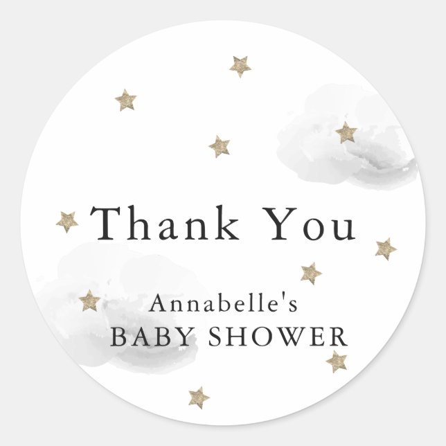 Sticker Rond Etoiles et nuages gris Baby shower Merci (Devant)