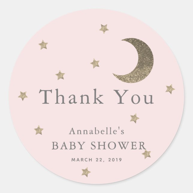 Sticker Rond Étoiles & Lune Baby shower Merci rose (Devant)