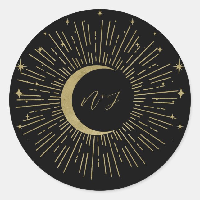 Sticker Rond Étoiles noires et dorées Soleil céleste Explosion  (Devant)