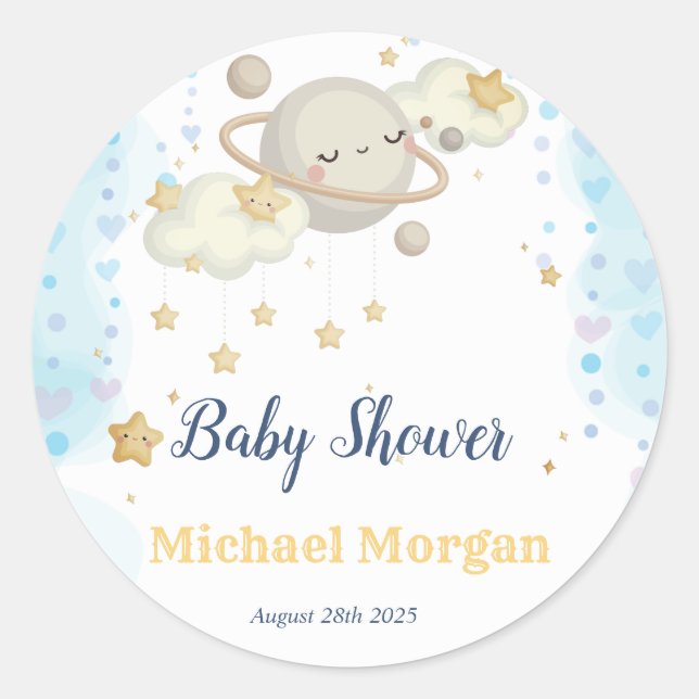 Sticker Rond Etoiles Planète Nuages Baby shower bleu (Devant)
