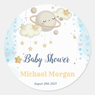 Sticker Rond Etoiles Planète Nuages Baby shower bleu