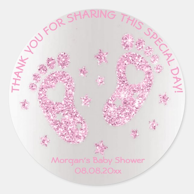 Sticker Rond Etoiles roses Pieds Baby shower Favoriser Merci fi (Devant)