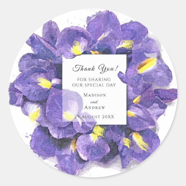 Sticker Rond Etonnant Purple Irises Aquarelle Floral Merci (Devant)