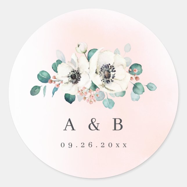 Sticker Rond Eucalyptus anemone floral rustique monogramme clas (Devant)