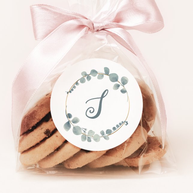 Sticker Rond Éucalyptus Aquarelle Texte Personnalisé Monogramme (Créateur téléchargé)