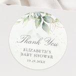 Sticker Rond Eucalyptus Baby shower Feuille Merci<br><div class="desc">De beaux autocollants de Merci avec de l'eucalyptus aquarelle et des feuilles or pour baby showers.</div>