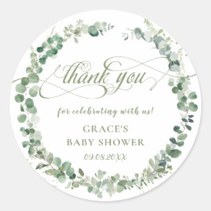 Sticker Rond Eucalyptus Baby shower vert Merci Favoriser