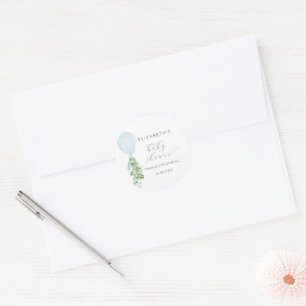 Sticker Rond Eucalyptus Ballon Bleu pour Baby Shower