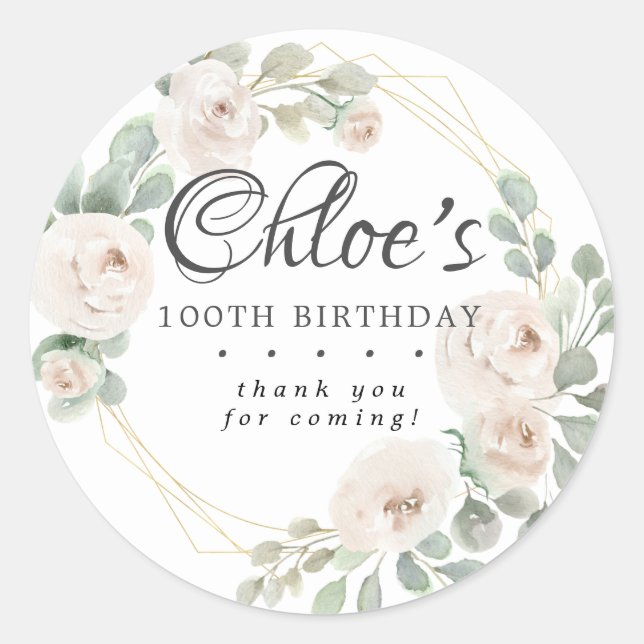 Sticker Rond Eucalyptus Blanc Floral 100e Anniversaire Merci (Devant)