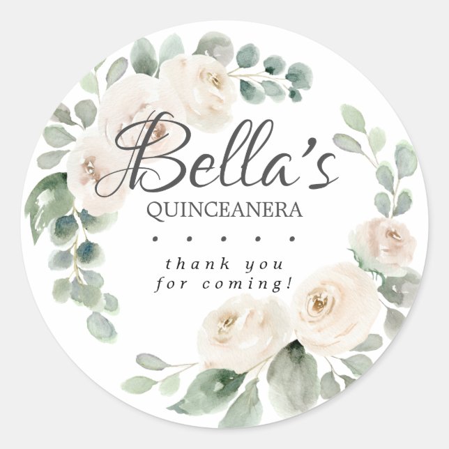 Sticker Rond Eucalyptus Blanc Floral QuinceaneraMerci (Devant)