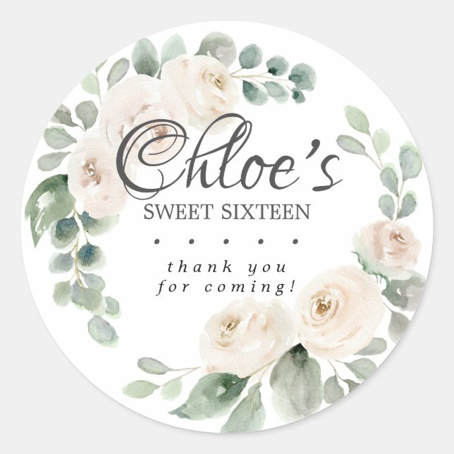 Sticker Rond Eucalyptus Blanc Floral Sweet 16 Merci (Devant)