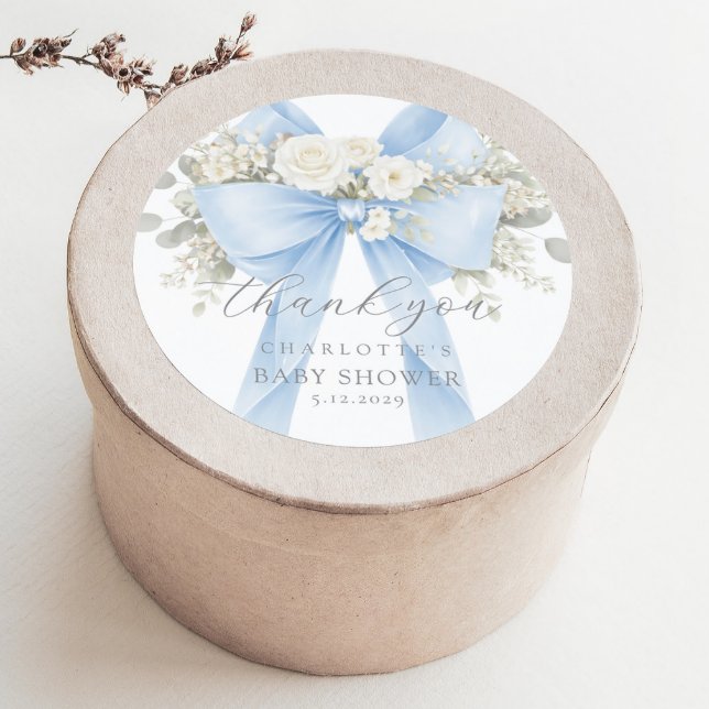 Sticker Rond Eucalyptus Blue Bow Baby Shower Thank you (Créateur téléchargé)