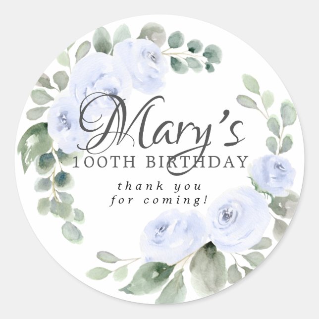 Sticker Rond Eucalyptus Blue Floral 100e Anniversaire Merci (Devant)