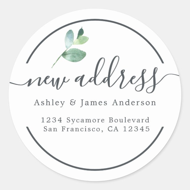 Sticker Rond Eucalyptus Calligraphy New Address Label (Devant)