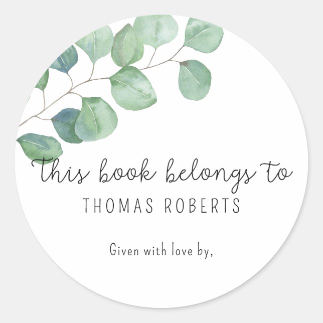 Sticker Rond Eucalyptus - ce livre appartient à avec texte (Devant)