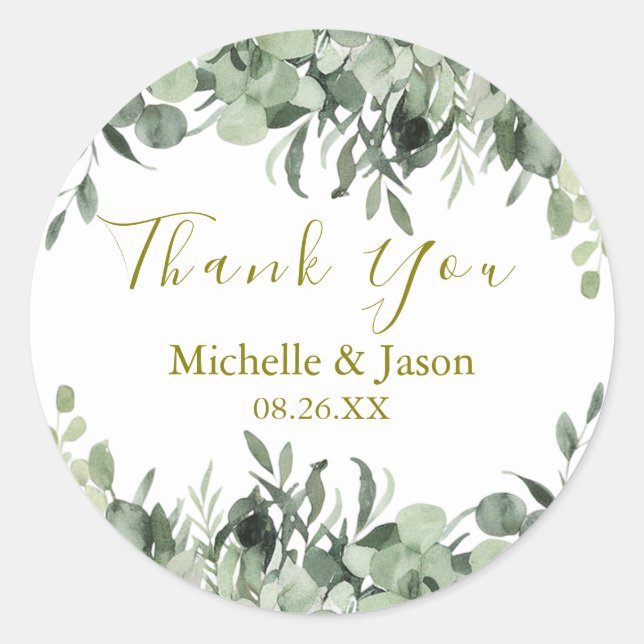 Sticker Rond Eucalyptus de verdure à l'aquarelle Mariage Remerc (Devant)