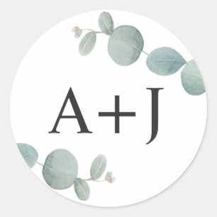 Sticker Rond Eucalyptus en aquarelle avec initiales