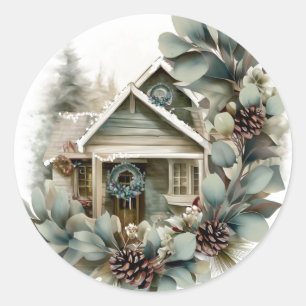 Sticker Rond Eucalyptus et Pins Cabane de Noël de Campagne