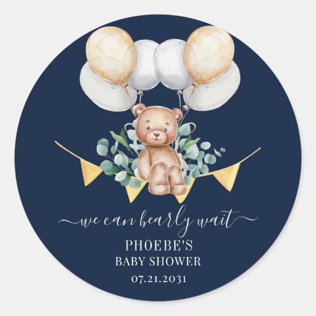 Sticker Rond Eucalyptus Feuille Baby shower Marine Ours & Ballo (Devant)