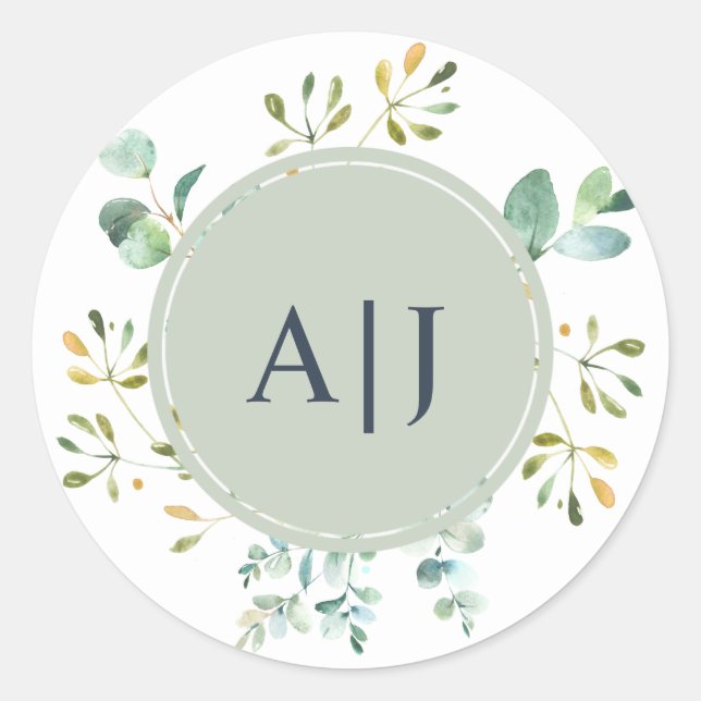 Sticker Rond Eucalyptus Foliage Mariage Botanique Monogramme (Devant)