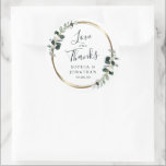 Sticker Rond Eucalyptus Gold Metallic Wedding Favor Merci<br><div class="desc">Eucalyptus Gold Metallic Wedding Favor Merci Sticker... Notre sticker de luxe mariage botanique de remerciement est orné d'un cadre métallique en faux or, agrémenté de feuilles d'eucalyptus à l'aspect sauge et émeraude sur un arrière - plan blanc immaculé. Le texte "Amour et Merci" est écrit dans un script élégant et...</div>