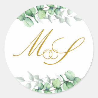 Sticker Rond Eucalyptus Gold Monogram Mariage