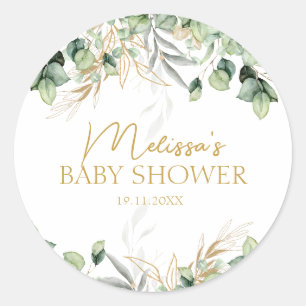 Sticker Rond Eucalyptus Green Leaf vert & Baby shower or