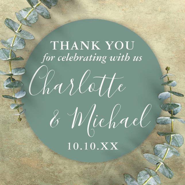 Sticker Rond Eucalyptus Green Signature Mariage Faveur Merci (Eucalyptus Green Signature Wedding Favor Thank You Classic Round Sticker)