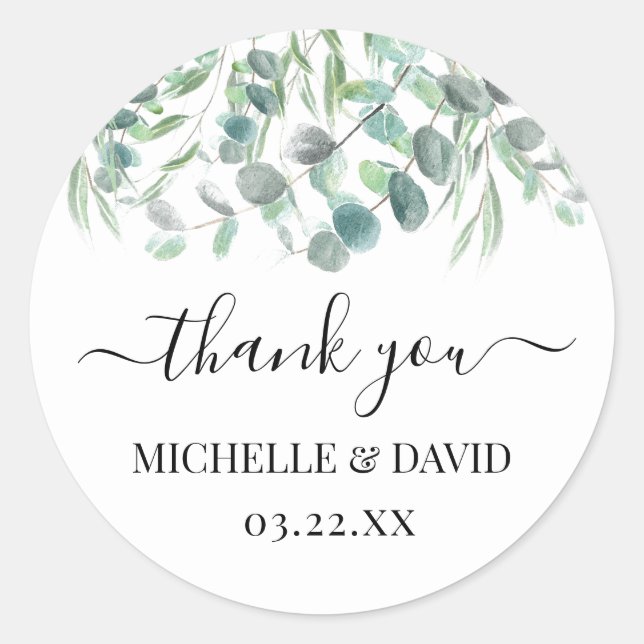 Sticker Rond Eucalyptus Merci Mariage de verdure Nom du script (Devant)