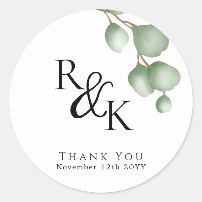 Sticker Rond Eucalyptus Noir & Blanc Minimaliste Monogramme mar (Devant)