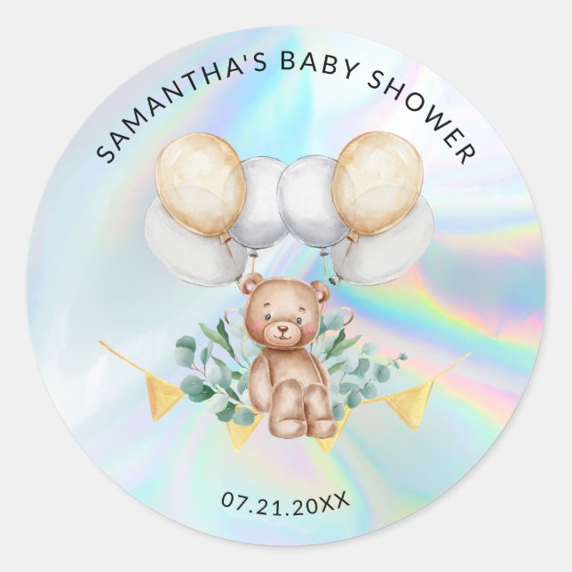 Sticker Rond Eucalyptus Nounours Ballons Holographiques Baby Sh (Devant)