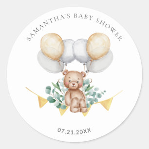 Sticker Rond Eucalyptus Ours et Ballons Baby Shower