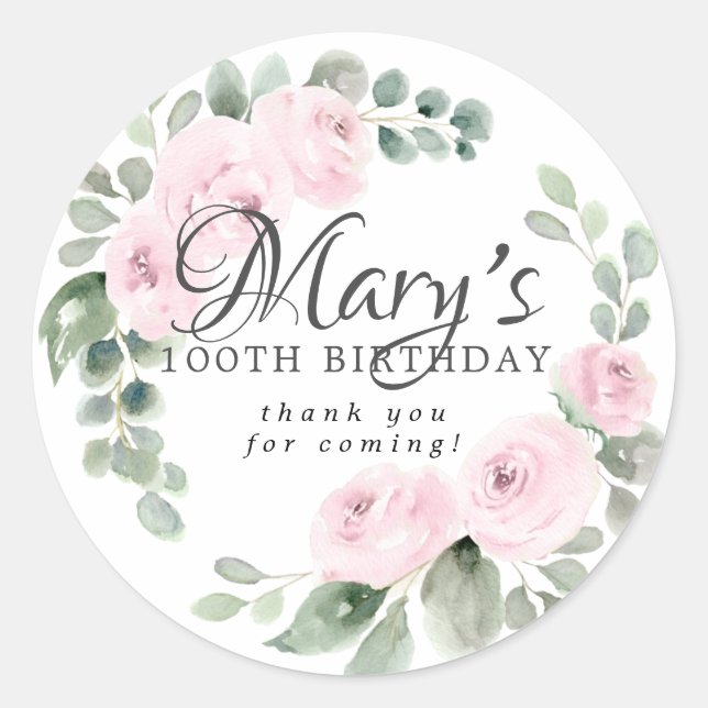 Sticker Rond Eucalyptus rose Floral 100e anniversaire Merci (Devant)