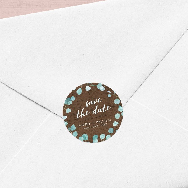 Sticker Rond Eucalyptus Rustique et Bois Brun Save the Date (Créateur téléchargé)