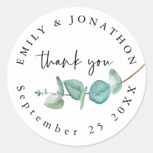 Sticker Rond Eucalyptus Script Merci Noms de date Mariage