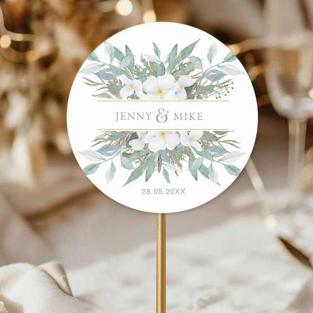 Sticker Rond Eucalyptus simple et élégant (Simple, elegant eucalyptus classic round sticker with your name and date.)