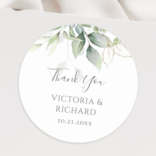 Sticker Rond Eucalyptus Verdure Feuilles Dorées Mariage Élégant (Créateur téléchargé)