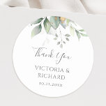 Sticker Rond Eucalyptus Verdure Or Feuille Mariage Merci<br><div class="desc">Beaux autocollants de Merci mariage avec l'aquarelle eucalyptus et feuilles d'or.</div>