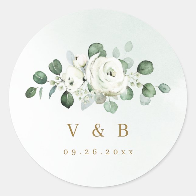 Sticker Rond Eucalyptus Vert blanc floral rustique monogramme (Devant)