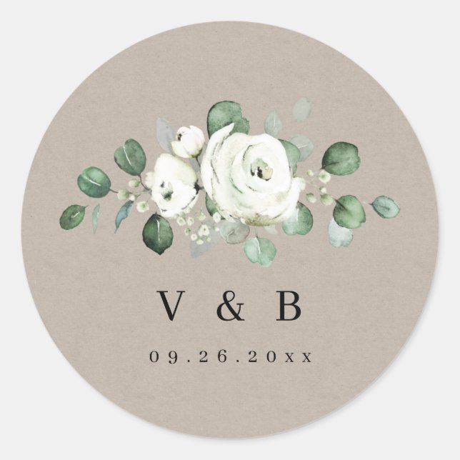 Sticker Rond Eucalyptus Vert blanc floral rustique monogramme (Devant)