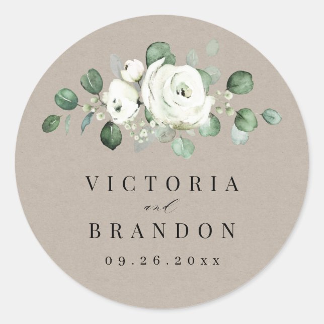 Sticker Rond Eucalyptus Vert blanc floral rustique monogramme (Devant)