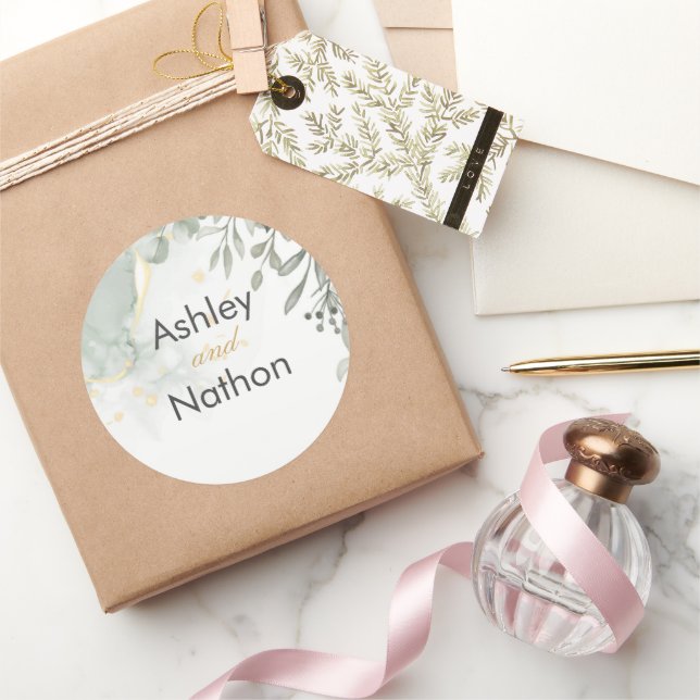 Sticker Rond Eucalyptus vert & or aquarelle Mariage (Cadeaux)