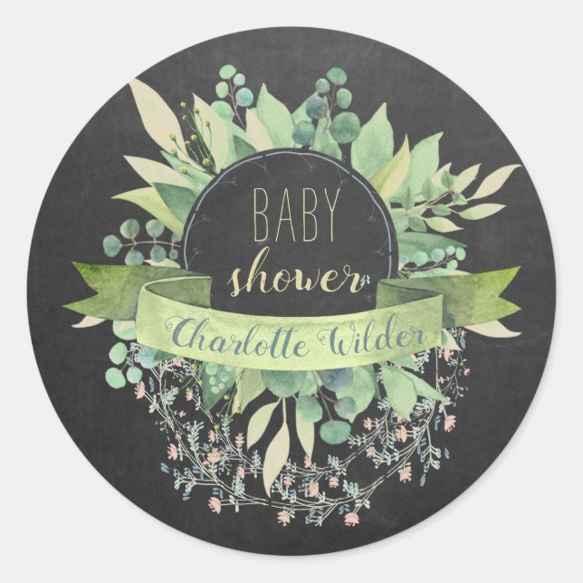 Sticker Rond Eucalyptus Vins Floraux Baby shower Chalkboard Cla (Devant)