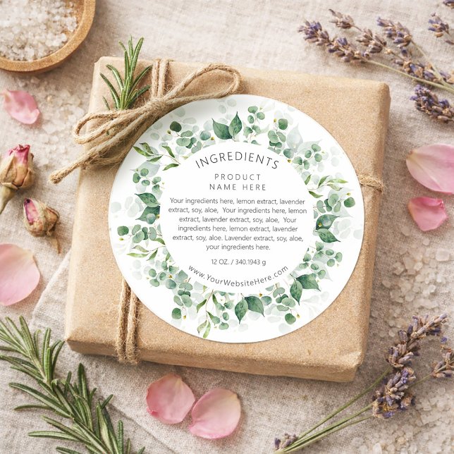 Sticker Rond Eucalyptus Watercolor Wreath Ingredients Labels (Eucalyptus Watercolor Wreath Ingredients Labels)