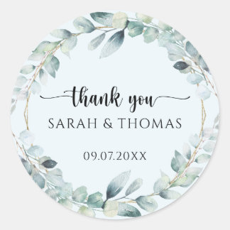 Sticker Rond Eucalyptus Watercolor Wreath Wedding Thank You