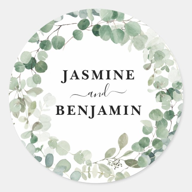 Sticker Rond Eucalyptus Wreath Green Mariage personnalisé (Devant)