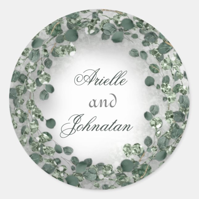 Sticker Rond Eucalyptus Wreath Wedding Favor Rustic Crystals (Devant)