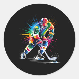 Sticker Rond Éventail de hockey sur glace coloré joueur Tie Dye