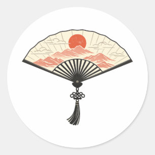 Sticker Rond Éventail pliable japonais minimaliste Soleil rouge